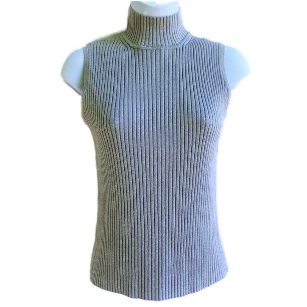 Vintage Y2K 90s Silver Lurex Metallic Ribbed Knit Mock Neck Pullover Top  M